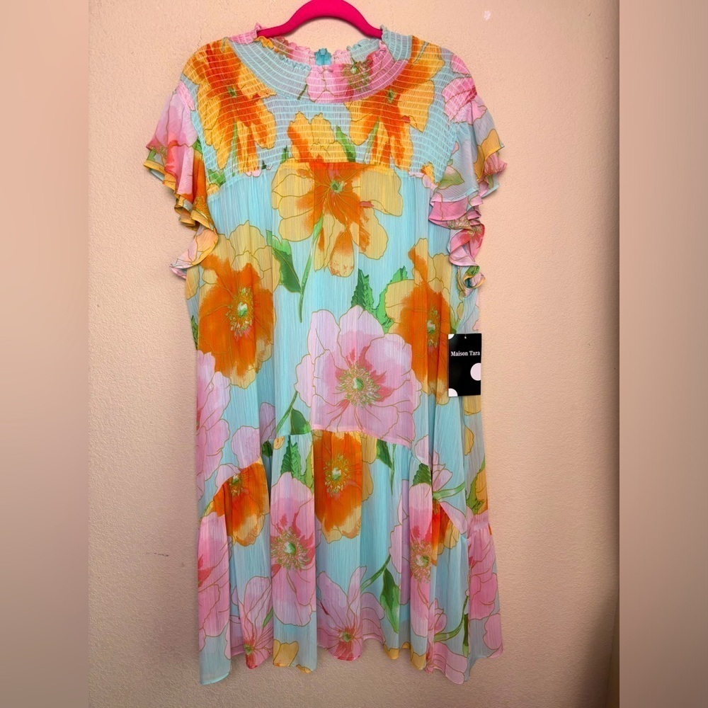 NWT Madison Tara Floral Chiffon Flutter Sleeve Smocked Mock Neck Dress 24W